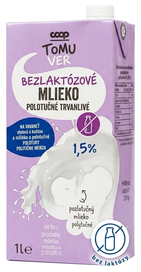 TOMU VER Bezlaktózové mlieko polotučné 1,5%