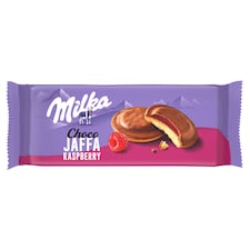 Milka Choco Jaffa raspberry jemné pečivo s želé s malinovou príchuťou a polom. mliečnou čoko. 147 g