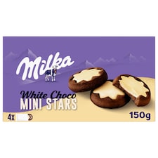 Milka sušienky White Choco Mini Stars kakaové, mliečna náplň a biela čokoláda 150 g