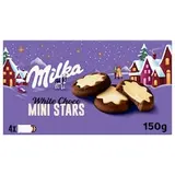 Milka White Choco Mini Stars Kakaové sušienky s mliečnou náplňou polomáčané v bielej čokoláde 150 g