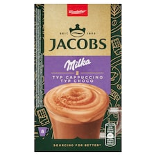 Jacobs Cappuccino Choco Milka rozpustný kávový nápoj s kakaom 8 x 15,8 g (126,4 g)