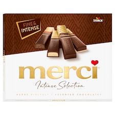 merci Intense Selection výber plnených a neplnených praliniek prevažne z horkej čokolády 250 g