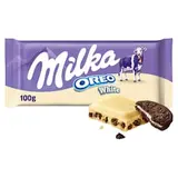 Milka Oreo White biela čokoláda z alpského mlieka s kakaovými sušienkami a vanilkovou náplňou 100 g