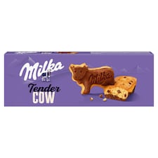 Milka Tender Cow jemné pečivo s kúskami mliečnej čokolády z alpského mlieka a kakaovou vrstvou 140 g