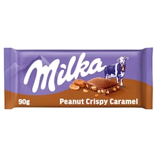 Milka Peanut Crispy Caramel čokoláda z alpského mlieka s arašidmi, karamelom a chrumkami 90 g