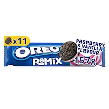Oreo sušienky kakaové Remix s náplňou s vanilkovou príchuťou a malinovou príchuťou 157 g