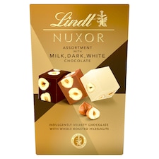 Lindt Nuxor Mliečna, horká a biela čokoláda s celými a mletými jadrami lieskových orieškov 150 g