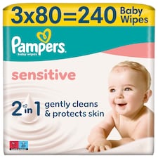 Pampers Sensitive Detské Vlhčené Obrúsky, 3 ks Balení po 80 Obrúskov Detských Vlhčených Obrúskov
