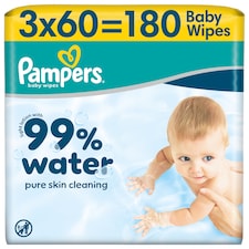 Pampers 99 % Vody Detské Vlhčené Obrúsky, 3 ks Balení po 60 Obrúskov  Detských Vlhčených Obrúskov