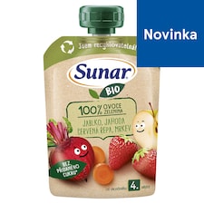 Sunar BIO ovocno-zeleninová kapsička Jablko, jahoda, červená repa, mrkva 4m+, 100 g