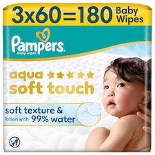 Pampers Aqua Soft Touch Detské Vlhčené Obrúsky, 3 ks Balení 60 Obrúskov Detských Vlhčených Obrúskov