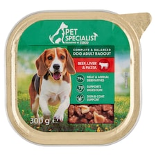 Pet Specialist Kompletné krmivo pre dospelé psy ragú s hovädzinou, pečeňou a cestovinami 300 g