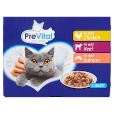PreVital Kompletné krmivo pre dospelé mačky s kuracinou, teľacinou, lososom v omáčke 12 x 100 g