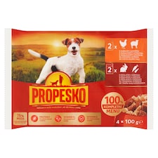 Propesko Kompletné krmivo pre psov s králikom a karotkou, s kuracinou a jahňacinou 4 x 100 g