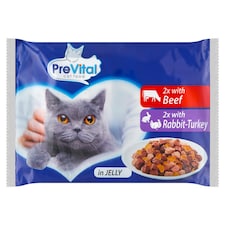 PreVital Kompletné krmivo pre dospelé mačky s hovädzinou, králikom a morčacinou v želé 4 x 100 g