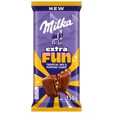 Milka Tropical mliečna čokoláda s tropickým ovocím, kúskami želé a praskajúcimi perlami 150 g